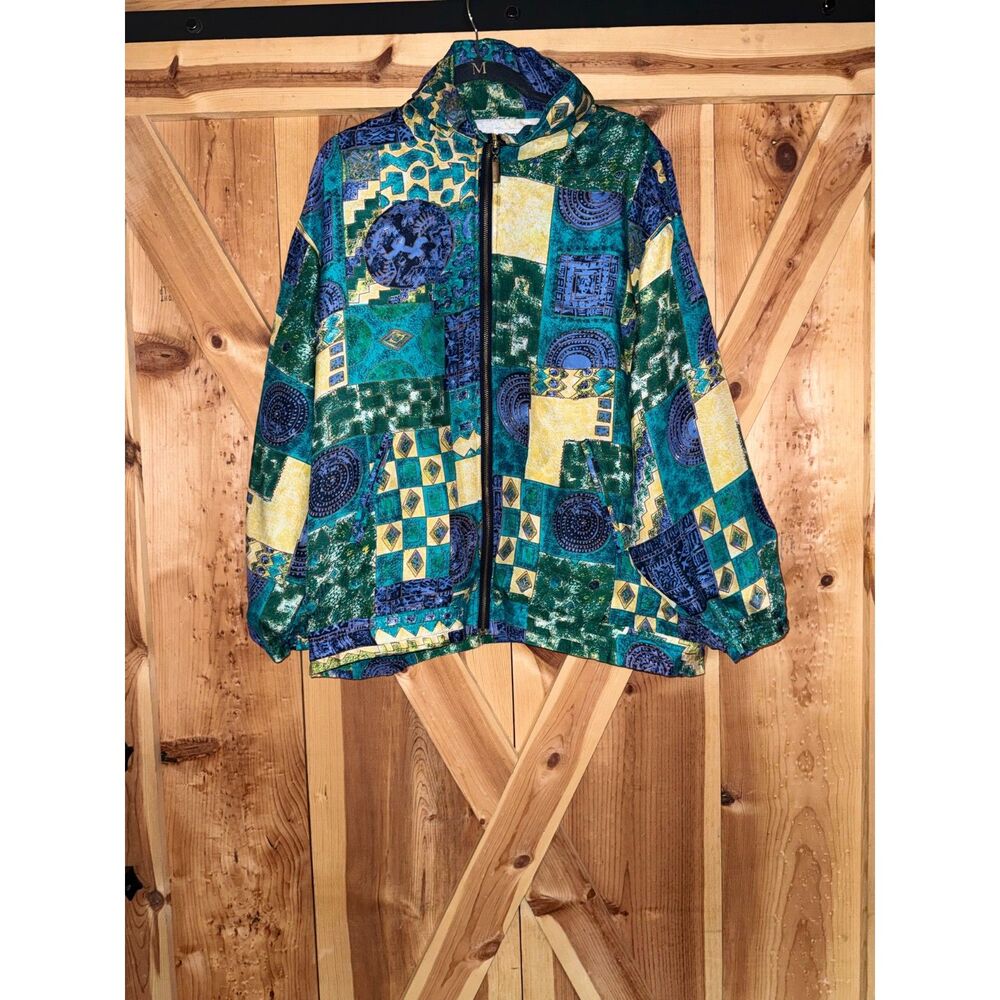 Vintage 80/90s Basic Editions 100% Silk Zip Bomber Jacket L Geometric Patchwork